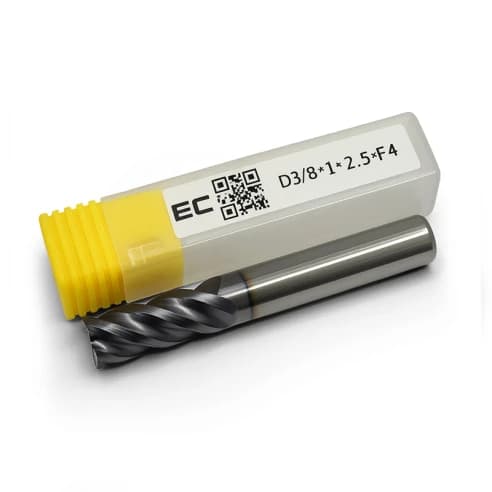 3/8 Carbide end mill, 4 flute, TiAlN, 0.375 shank x 1.0 LOC, helix angle 38, 0.008 chamfer